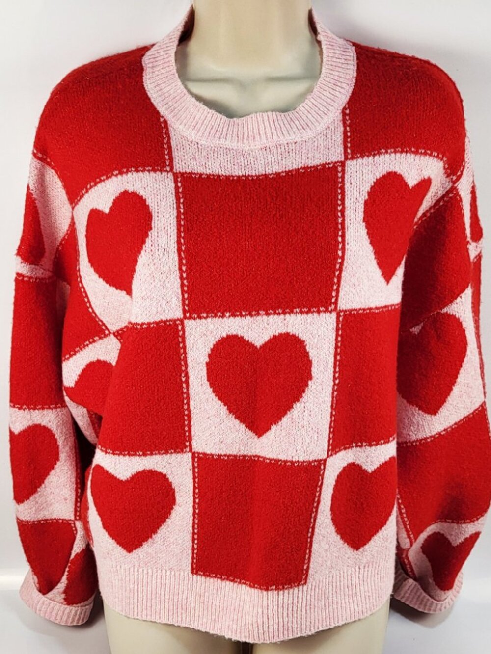NWT Sweater Red Heart Checkered Happy Valentine Pink M Blue Pepper Brand Lady's